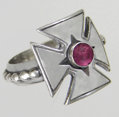Sterling Silver Woman's Iron Cross Ring With Pink Tourmaline Size 7